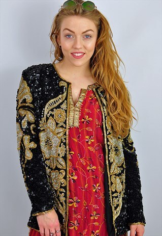 VINTAGE BLACK & GOLD EMBELLISHED BEADED FRANK USHER JACKET