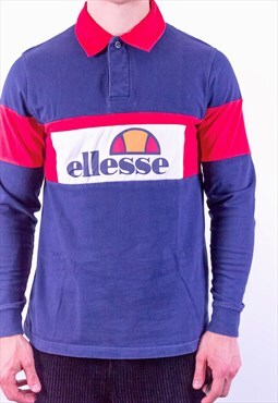 Vintage Ellesse Spell Out Rugby Polo Shirt in Blue Medium