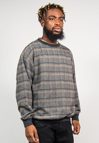 90'S VINTAGE GREY CHECKED PLAID SWEATSHIRT JUMPER