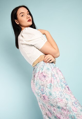 VINTAGE 70'S MOD PASTEL FLORAL PATTERN PRINT MIDI SKIRT
