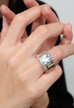 Rectangular White Cubic Zirconia Statement Solid Ring Silver