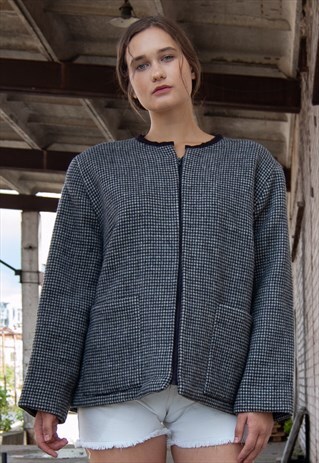 VINTAGE RETRO 60S GREY CHECKED WOOL JACKET