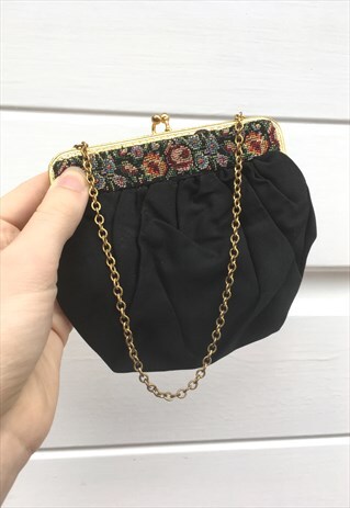WOMENS VINTAGE BLACK FLORAL TAPESTRY HANDBAG PARTY CLUTCH