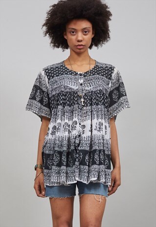 70'S MONOCHROME INDIAN COTTON BOHO BLOUSE
