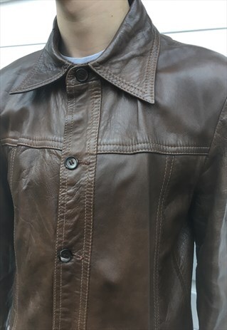 MENS VINTAGE 70S BROWN REAL LEATHER JACKET DAGGER COLLAR