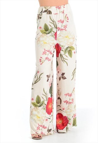 KHAKI FLORAL TROPICAL LEAF PRINT HIGH WAIST PALAZZO TROUSER