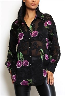 Floral Print Netted Blouse In Black