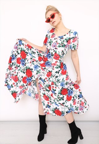 VINTAGE 80S WHITE FLORAL PRINT MIDI DRESS