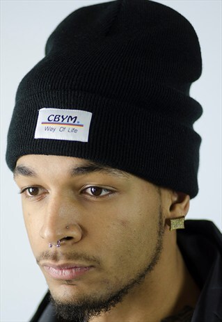 BLACK BEANIE WITH CBYM WHITE WOVEN PATCH