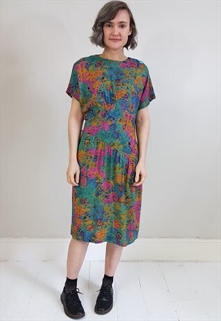 VINTAGE 80'S GREEN AND PINK ASYMMETRIC GATHERED DRESS