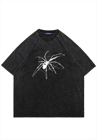 SPIDER PRINT T-SHIRT VINTAGE WASH CREEPY TOP RETRO GOTH TEE