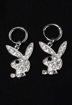 Silver Bunny Earrings with Hoop Sparkly Gem Design