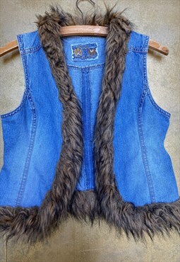 Y2K Vintage Denim Waistcoat Fur Trim Afghan Penny Lane Small
