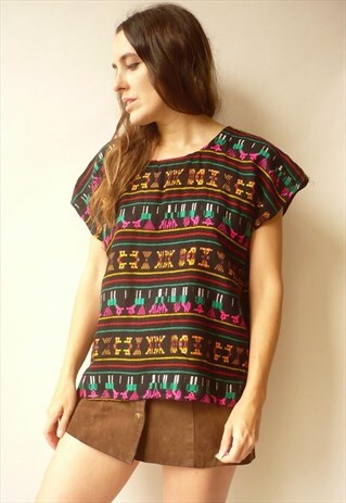 1970'S VINTAGE BOHEMIAN WOVEN RAINBOW GUATEMALAN TOP