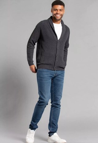 Charcoal Shawl Neck Button Up Half Stitch Cardigan