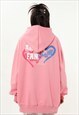 HEART PRINT HOODIE ANGRY SLOGAN PULLOVER EMBELLISHED JUMPER
