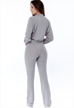Avinci Wide-leg Ribbed Loungewear Set in Grey