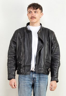 Vintage 80's Men Leather Biker Jacket in Black