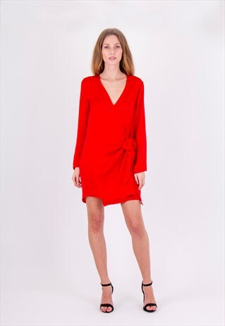 RED V NECK LONG SLEEVES WRAP FRONT MINI DRESS