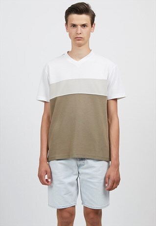 90S VINTAGE BROWN WHITE GLOSS LOGO V-NECK T-SHIRT