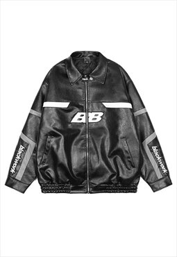 Faux leather varsity jacket multi patch MA-1 bomber in black