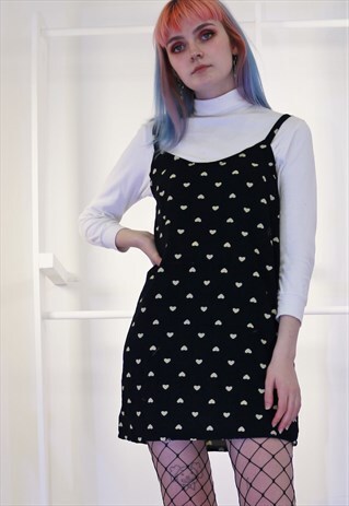 NAVY CORDUROY SLIP DRESS WITH HEART PRINT