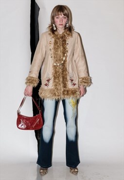 Vintage Y2K hippy floral print fur trim afghan jacket in tan