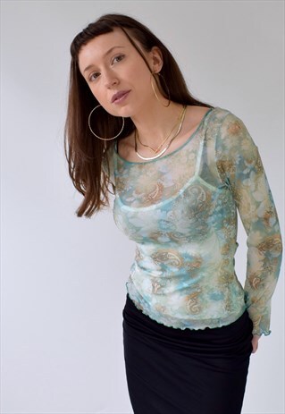 VINTAGE 90S Y2K SHEER OVERLAY LETTUCE HEM GREEN PAISLEY TOP