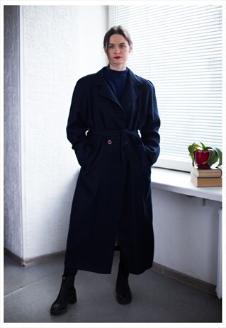 VINTAGE 80'S NAVY WOOL RIBBED BELTED COAT