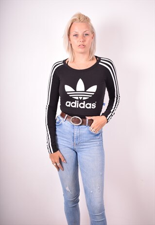 ADIDAS WOMENS VINTAGE CROP TOP LONG SLEEVE SMALL BLACK 90S