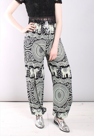 VINTAGE 80S ELEPHANT PATTERNED FESTIVAL TROUSERS