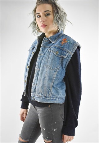 VINTAGE 80S SLEEVELESS DENIM JACKET WITH IKAT LINING