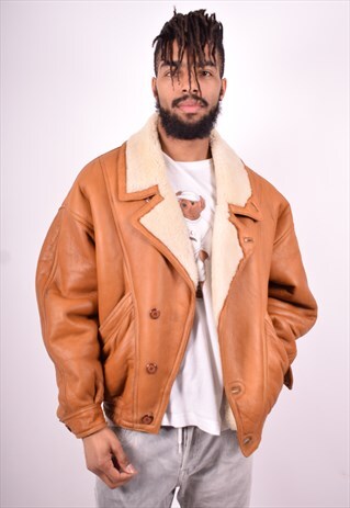 MENS VINTAGE SHEARLING JACKET XL BROWN 90'S