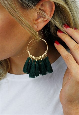 GREEN TASSEL FRINGE HOOP CHANDELIER EARRINGS