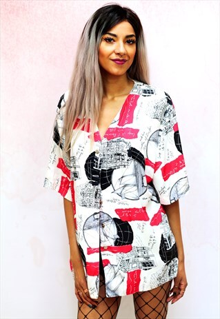 1990S VINTAGE RED ANDVWHITE SILKY OVERSIZED SHIRT