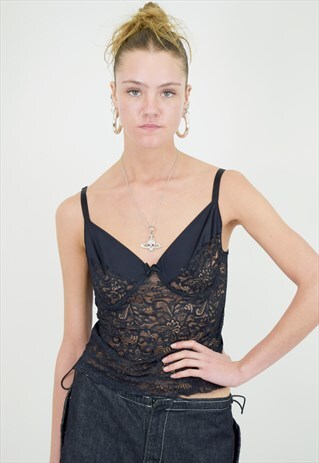 VINTAGE 2000S VEST TOP IN BLACK LACE WITH STRUCTURE BRA