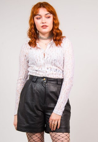 VINTAGE 90'S WHITE FLORAL LACE MESH SHIRT BLOUSE