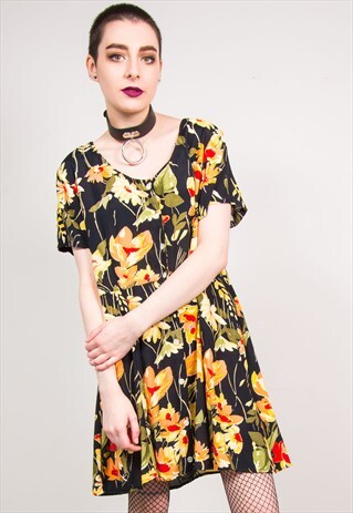 VINTAGE 90'S BLACK & YELLOW FLORAL PATTERN DRESS