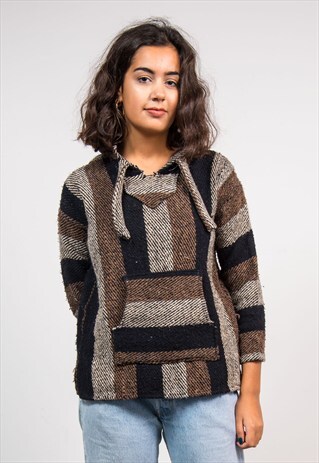 VINTAGE 90'S BROWN STRIPE BAJA GRUNGE HOODIE JUMPER