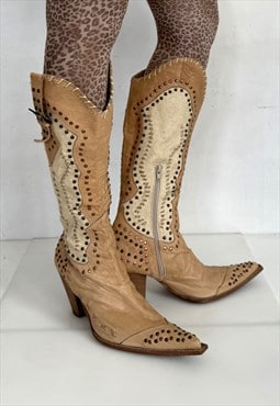 Vintage Y2K iconic heeled studded cowgirl boots in caramel