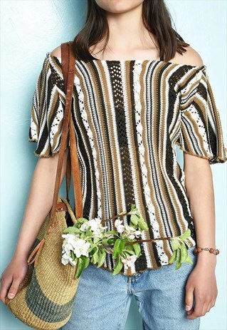 VINTAGE 90S KNITTED STRIPED ABSTRACT HAUTE BOHEME BLOUSE TOP