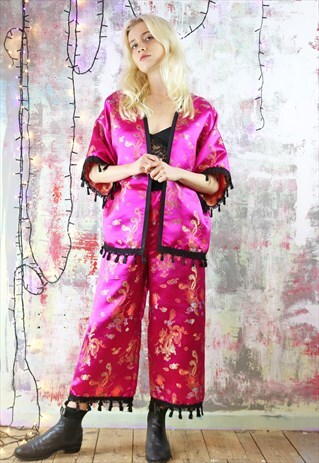 CROPPED PANTS & KIMONO CO-ORDINATES PINK DRAGON SATIN