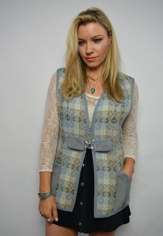 70S BLUE CREAM GREEN BEIGE WELSH WOVEN WOOL TUNIC WAISTCOAT