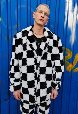 Chequerboard fleece jacket handmade 2 in 1 fluff check coat 