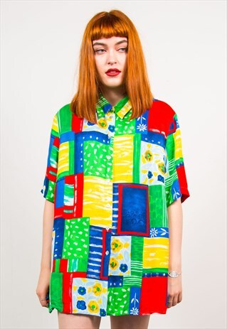 VINTAGE 90'S COLOURFUL ABSTRACT PATTERN SHORT SLEEVE SHIRT