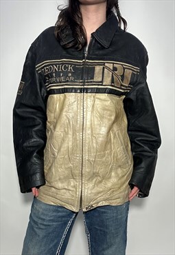 vintage 90s Leather racing jacket blazer embroidered