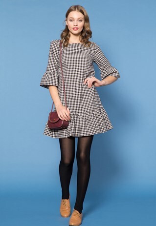 NAVY GINGHAM RUFFLE HEM DRESS