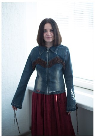 VINTAGE 90'S BLUE DENIM WESTERN STYLE FRINGE JACKET