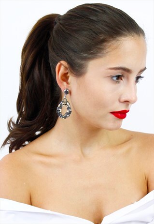 SMOKY GREY HOOP JEWEL DROP DANGLE EARRINGS