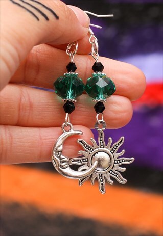 SILVER & TEAL CRYSTAL MISMATCH SUN & MOON EARRINGS